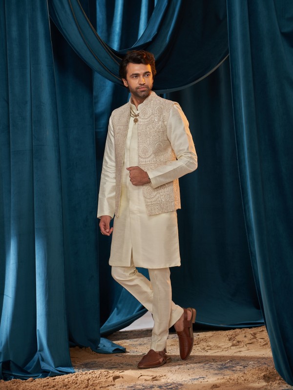 Heavy Imported Silk IndoWestern Ready Made Dress in Cream With Embordiery Work 