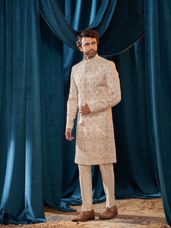 Heavy Imported Silk IndoWestern Ready Made Dress in Cream With Embordiery Work 