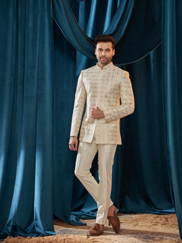 Heavy Imported Silk IndoWestern Ready Made Dress in Cream color With Embordiery Work 