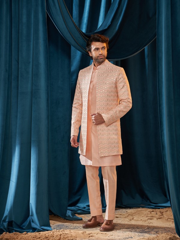 Heavy Imported Silk IndoWestern Ready Made Dress in Peach color With Embordiery Work 