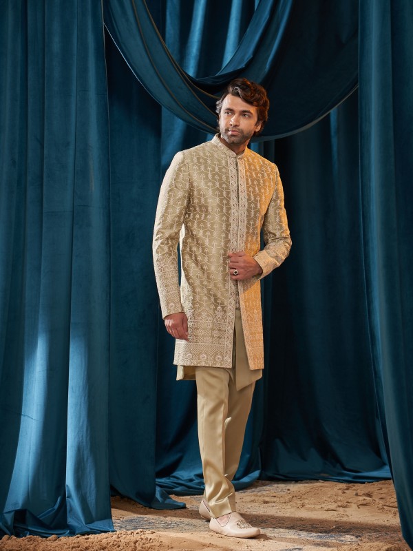 Pure Satin Silk IndoWestern Ready Made Dress in Cream color With Embroidery Work 