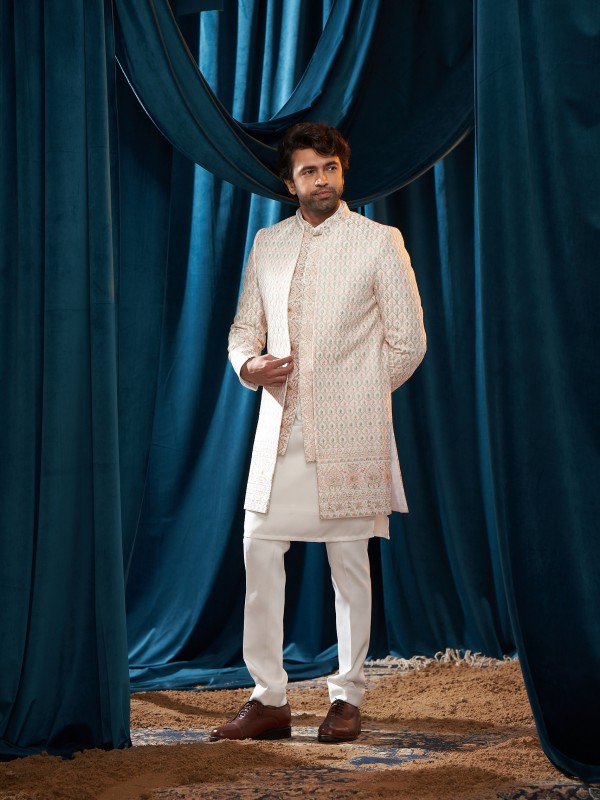 Pure Satin Silk IndoWestern Ready Made Dress in White Pink color With Embroidery Work 