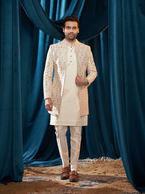 Heavy Imported Silk IndoWestern Ready Made Dress in Off White color With Embroidery Work 