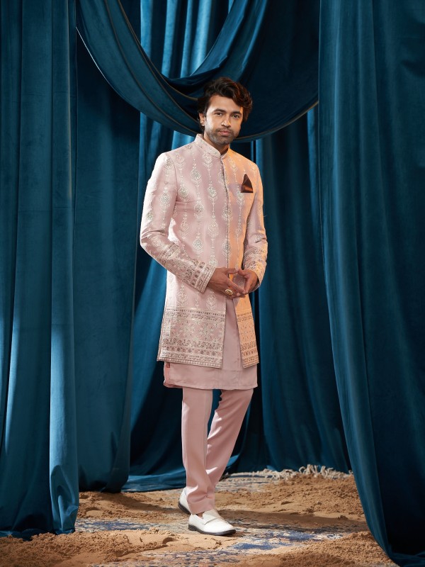 Pure Satin Silk IndoWestern Ready Made Dress in Light Pink color With Embroidery Work 