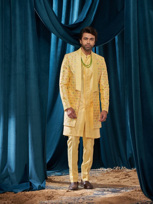 Heavy Imported Silk IndoWestern Ready Made Dress in Yellow color With Embroidery Work 