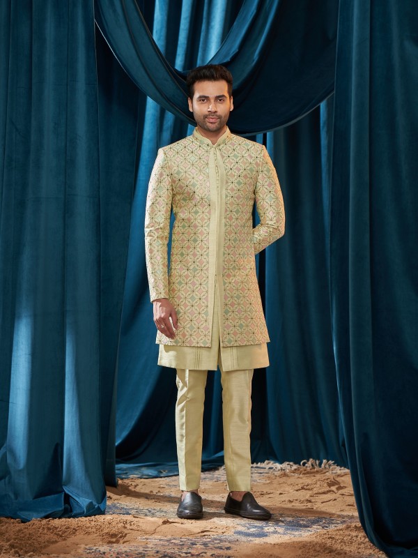 Heavy Imported Silk Indo Western Ready Made Dress in Light Green Color With Embroidery Work 