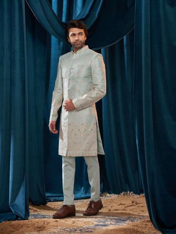 Heavy Imported Silk IndoWestern Ready Made Dress in Sea Blue With Embordiery Work 