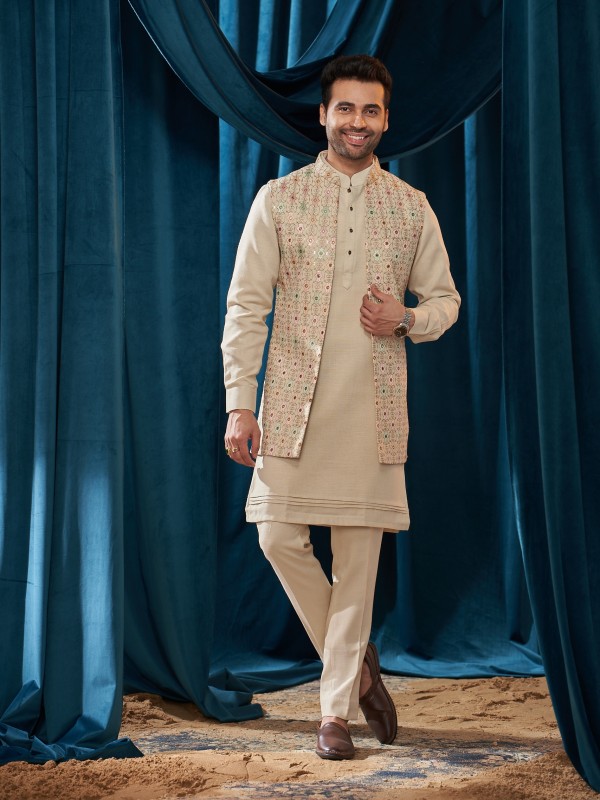 Heavy Linen Silk IndoWestern Ready Made Dress in Cream With Embordiery Work 