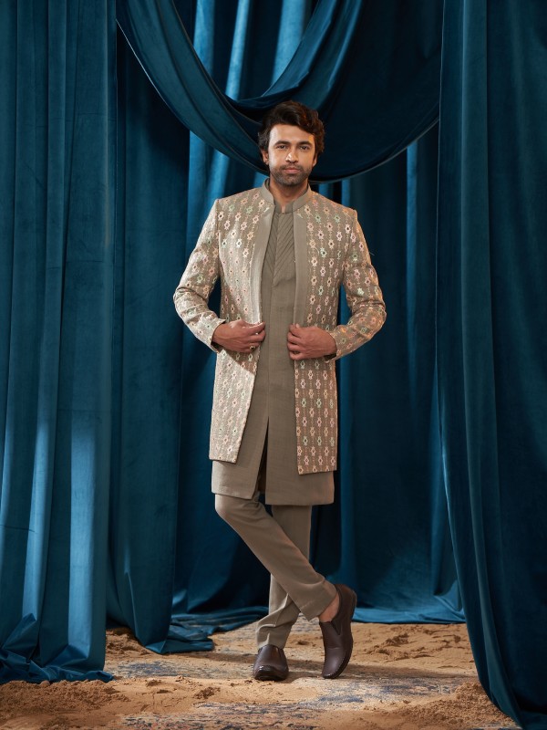 Heavy Linen Silk IndoWestern Ready Made Dress in Stone Grey With Embordiery Work 