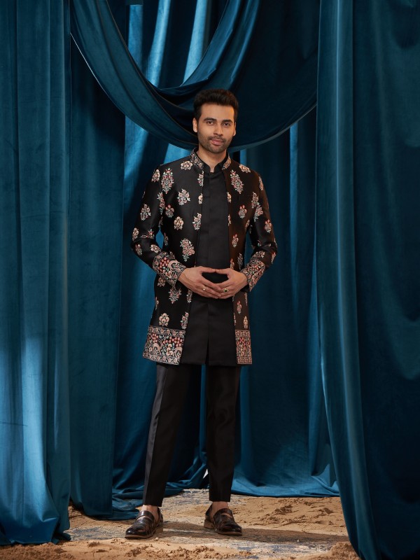 Pure Satin Silk IndoWestern Ready Made Dress in Black color With Embroidery Work 
