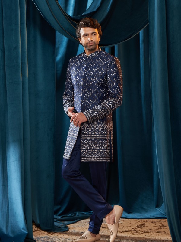 Heavy Imported Silk IndoWestern Ready Made Dress in Navy Blue With Embordiery Work 