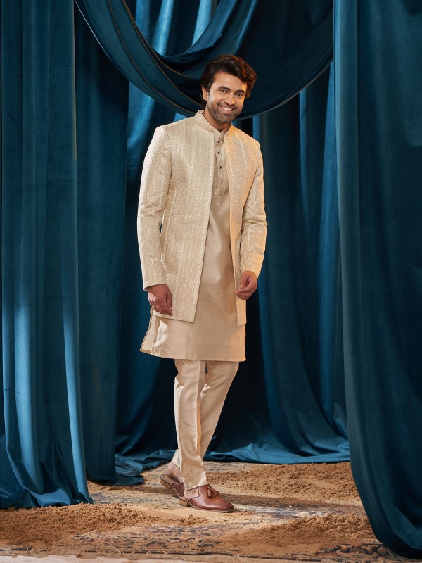 Heavy Imported Silk Indo Western Ready Made Dress in Cream Color With Embroidery Work 