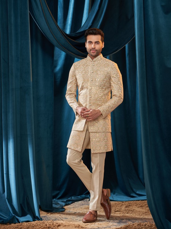 Heavy Linen Silk IndoWestern Ready Made Dress in Cream With Embordiery Work 