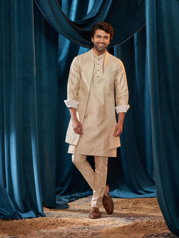 Heavy Imported Silk IndoWestern Ready Made Dress in Cream color With Embordiery Work 
