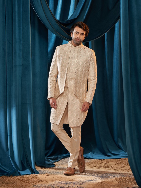 Heavy Imported Silk IndoWestern Ready Made Dress in Cream color With Embordiery Work 