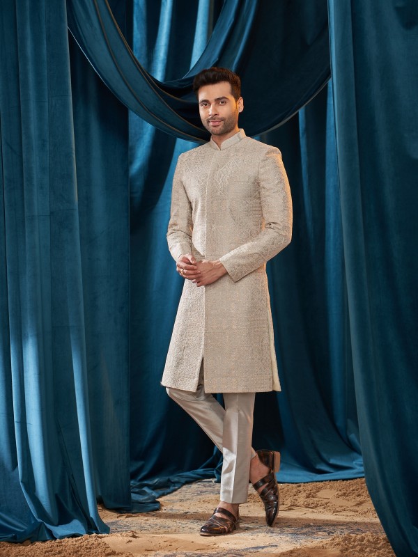 Heavy Imported Silk IndoWestern Ready Made Dress in Light Grey color With Embordiery Work 