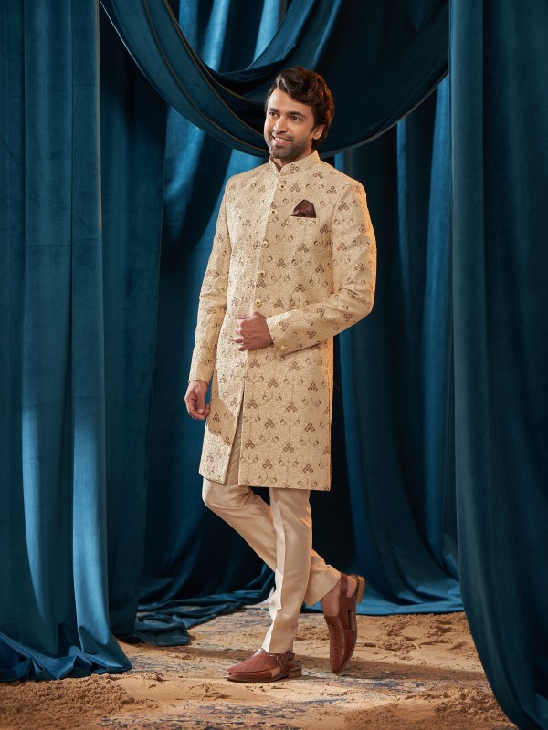 Heavy Imported Silk IndoWestern Ready Made Dress in Cream color With Embordiery Work 