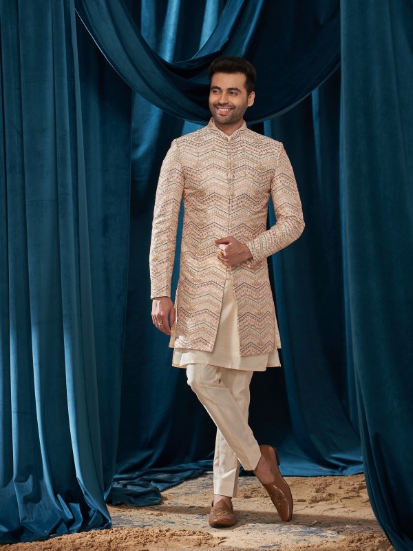 Heavy Imported Silk Indo Western Ready Made Dress in Cream Color With Embroidery Work 