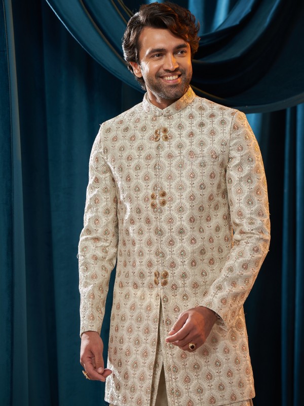 Heavy Imported Silk Indo Western Ready Made Dress in Off White Color With Embroidery Work 