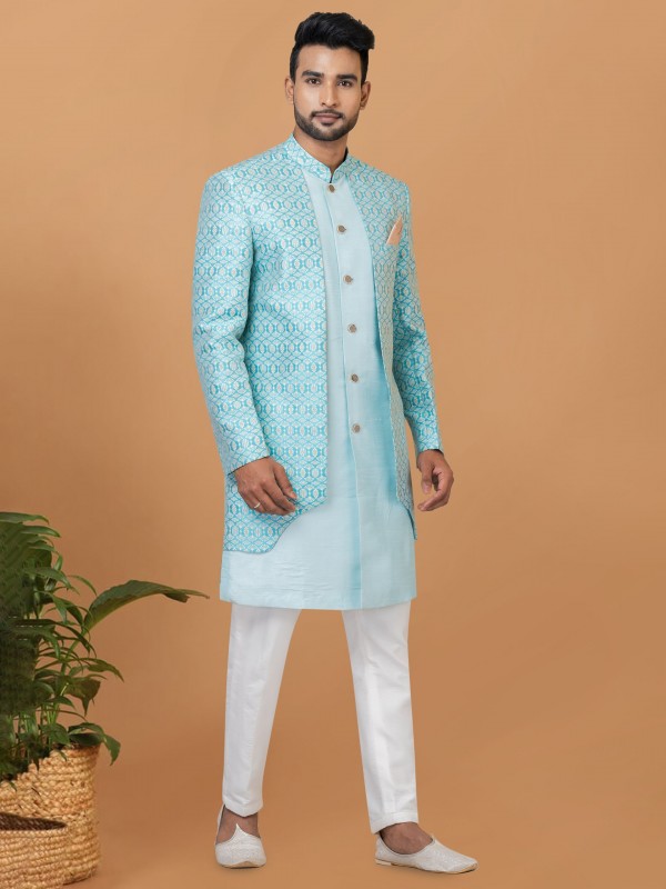 Jacquard Silk & Banarasi Dhupion Fabric IndoWestern Ready Made Dress in Sky Blue Color