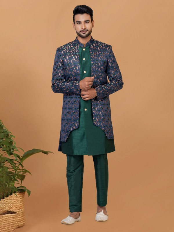 Jacquard Silk & Banarasi Dhupion Fabric IndoWestern Ready Made Dress in Blue & Green Color