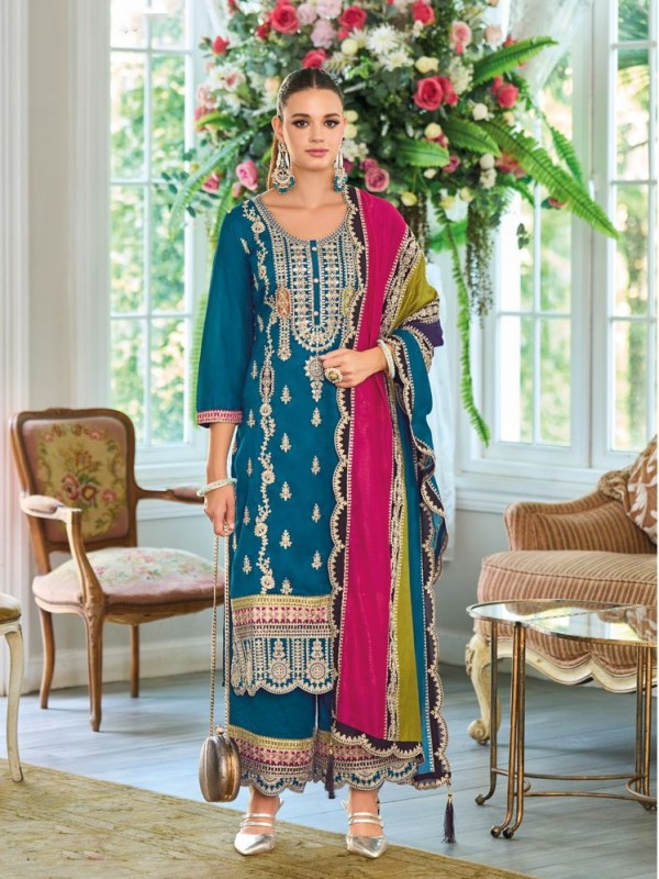Pure Chinon Silk Party Wear Sharara in Blue Color with Embroidery Work