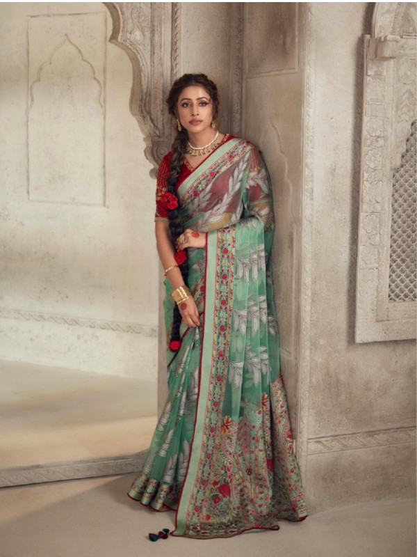 Organza Brasso Saree In Turquoise Color With Embroidery Work