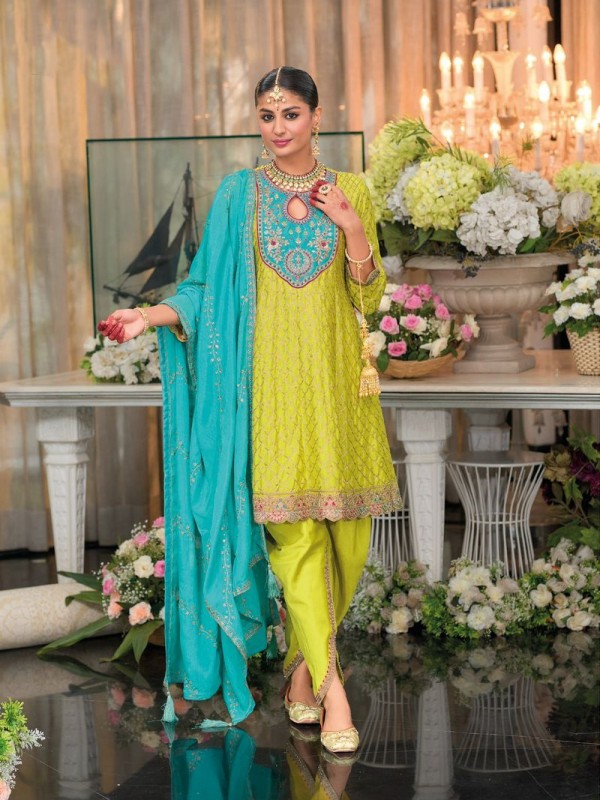 Pure Chinon Silk Party Wear Sharara Green Color with Embroidery Work