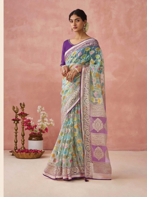 Broso Silk  Party wear Saree  Sea Blue  Color With Embroidery Work