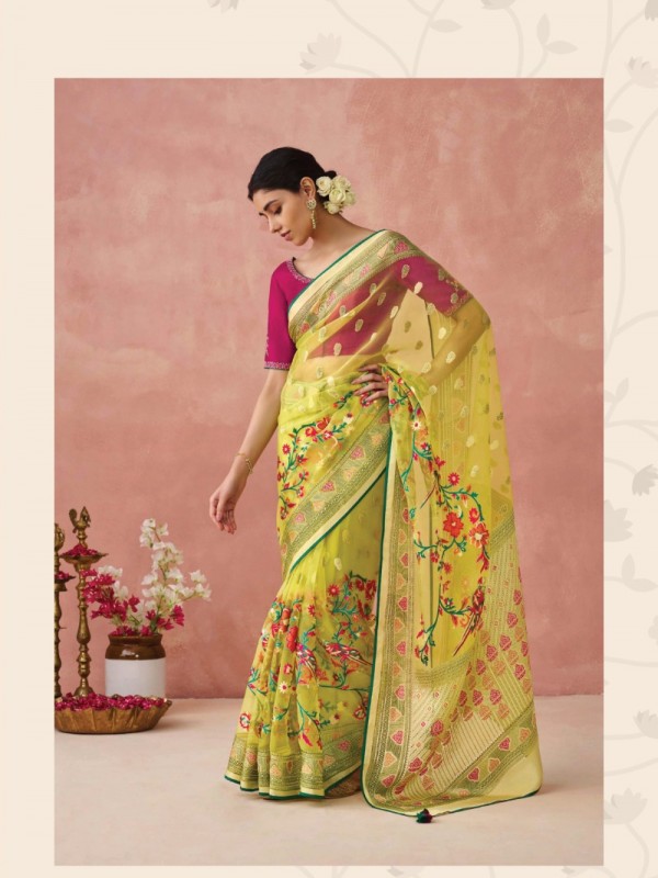 Broso Silk  Party wear Saree Yellow Color With Embroidery Work