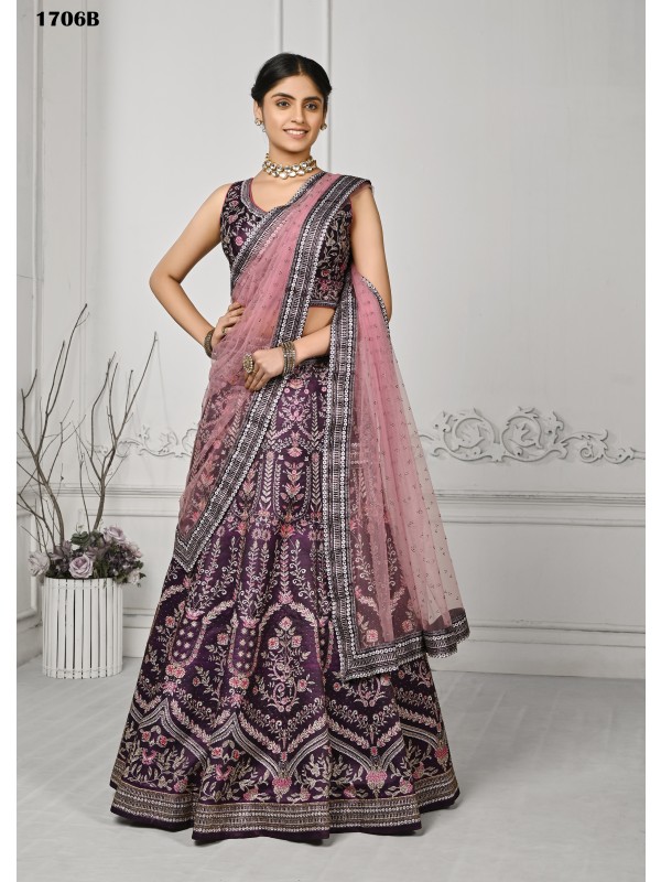 Pure Silk Wedding Lehenga in Purple Color With Embroidery  work