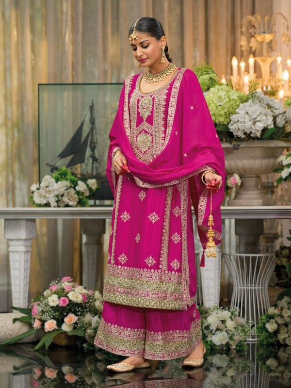 Pure Chinon Silk Party Wear Sharara in Pink Color with Embroidery Work