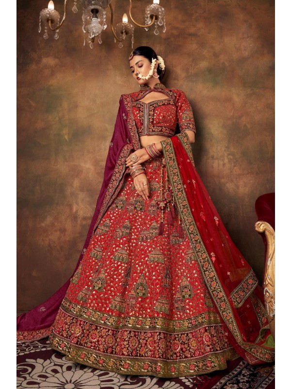 Pure Micro Velvet Wedding Wear Lehenga In Red Color With Embroidery Work 
