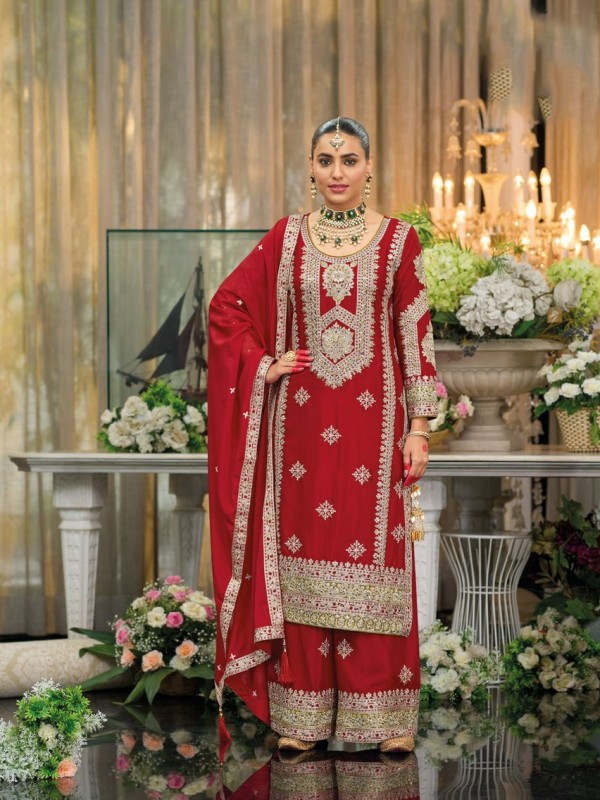 Pure Chinon Silk Party Wear Sharara in Red Color with Embroidery Work