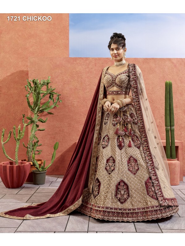 Pure Micro Velvet Bridal  Wear Lehenga In Beige Color With Embroidery Work 