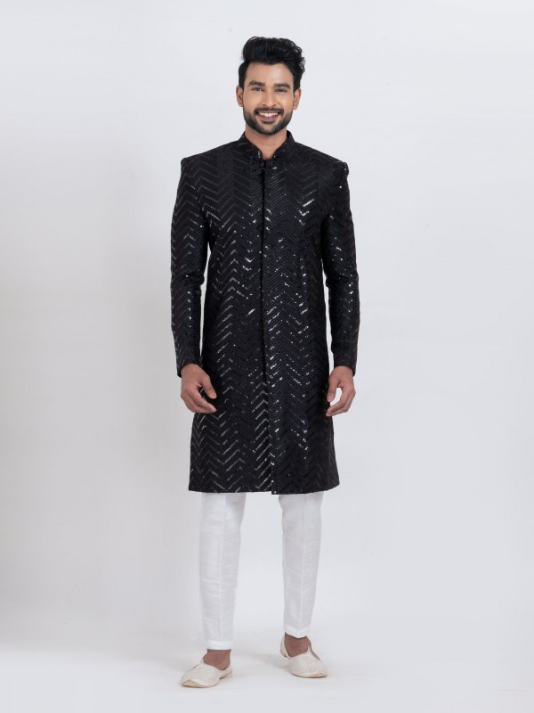 Viscose Rayon Fabric IndoWestern Ready Made Suit in Back Color With Embroidery Work 