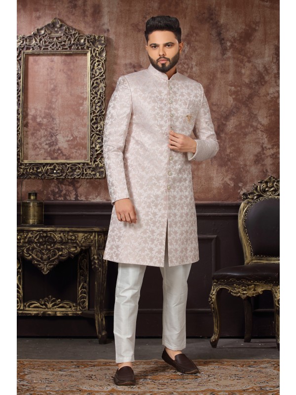 Jacquard Silk IndoWestern Ready Made Dress in Off White Color 