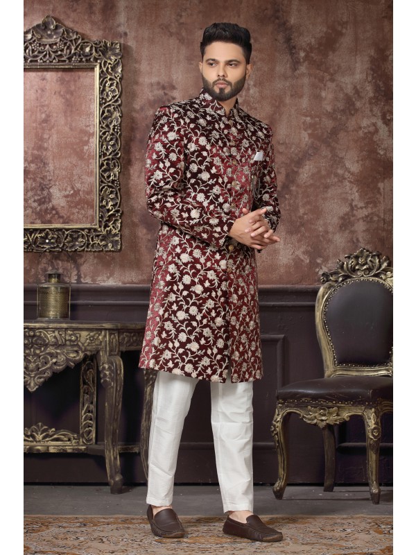 Pure Micro velvet IndoWestern Ready Made Dress in Maroon Color 