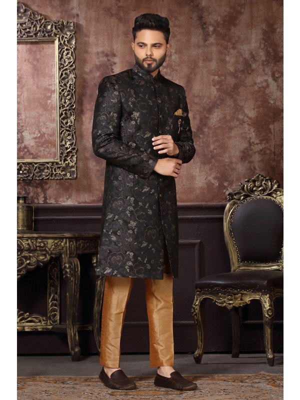 Jacquard Silk IndoWestern Ready Made Dress in Black Green Color 