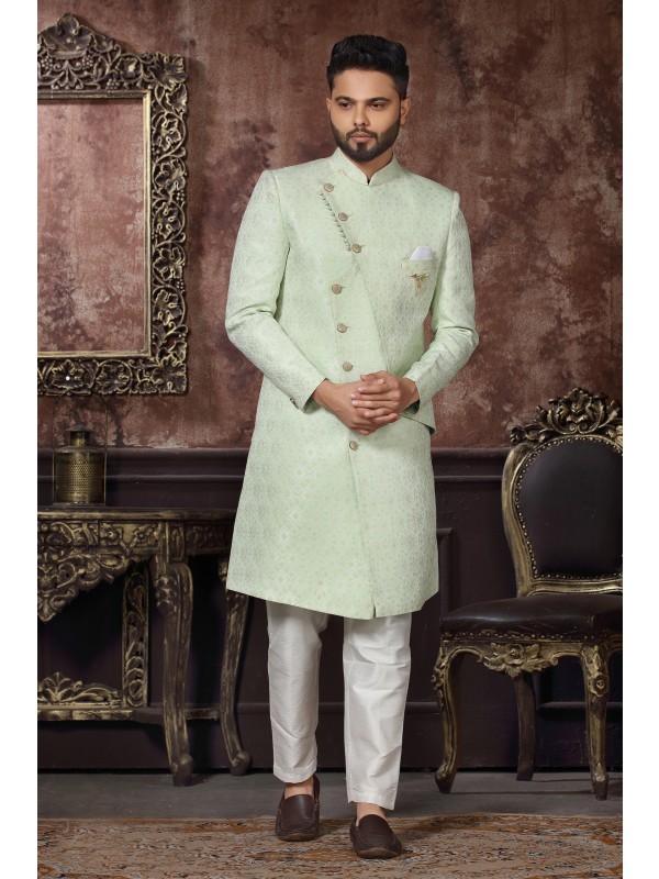 Jacquard Silk IndoWestern Ready Made Dress in Light Green Color 