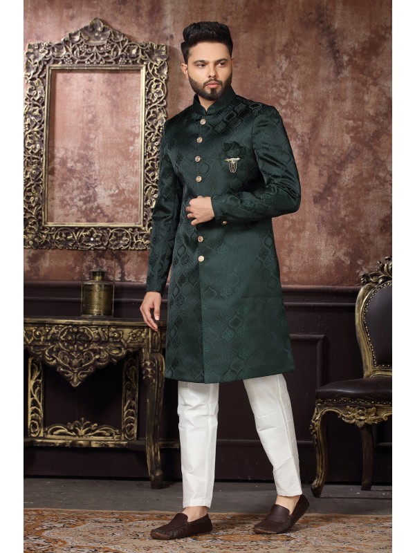 Jacquard Silk IndoWestern Ready Made Dress in Bottle Green Color 