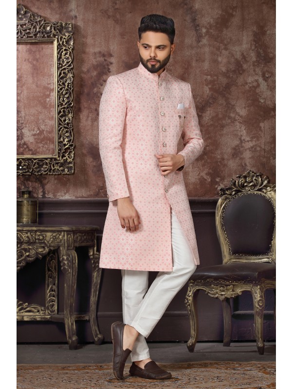 Jacquard Silk IndoWestern Ready Made Dress in Light Pink Color 