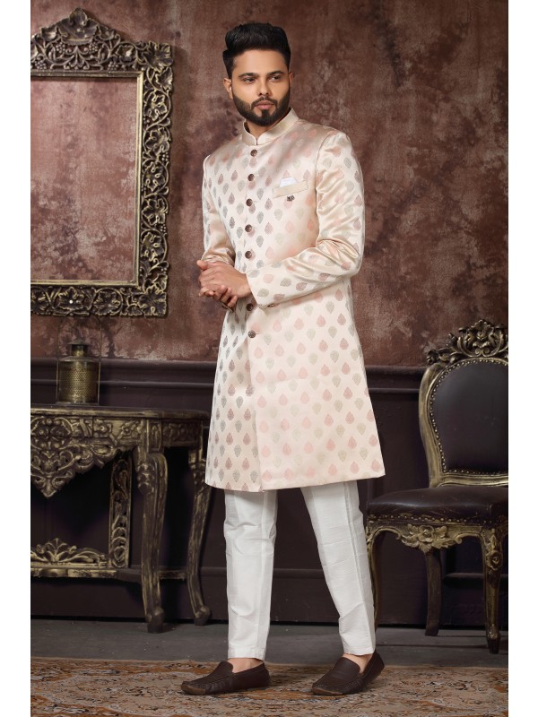 Jacquard Silk IndoWestern Ready Made Dress in Cream Color 