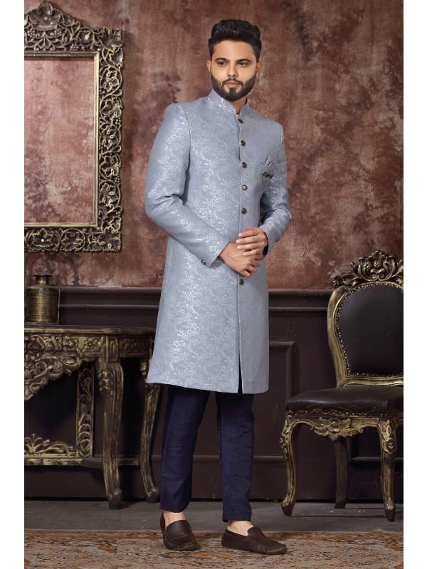 Jacquard Silk IndoWestern Ready Made Dress in Blue Color 