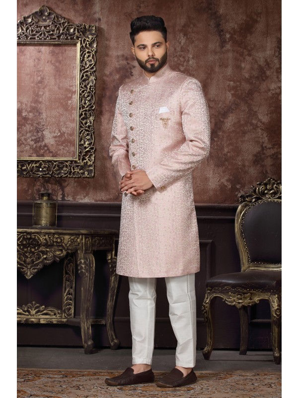 Jacquard Silk IndoWestern Ready Made Dress in Light Pink Color 