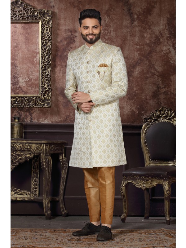 Jacquard Silk IndoWestern Ready Made Dress in Off White Color 