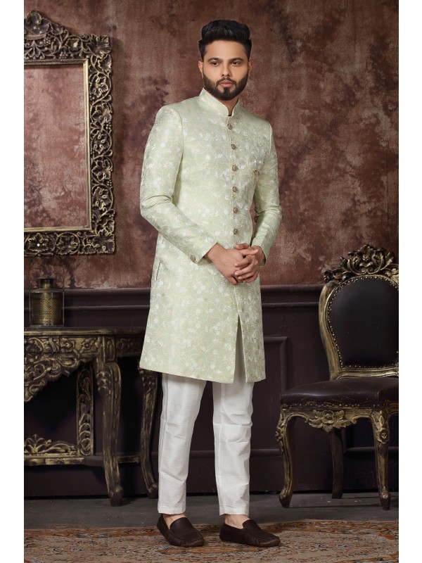 Jacquard Silk IndoWestern Ready Made Dress in Pista Color 