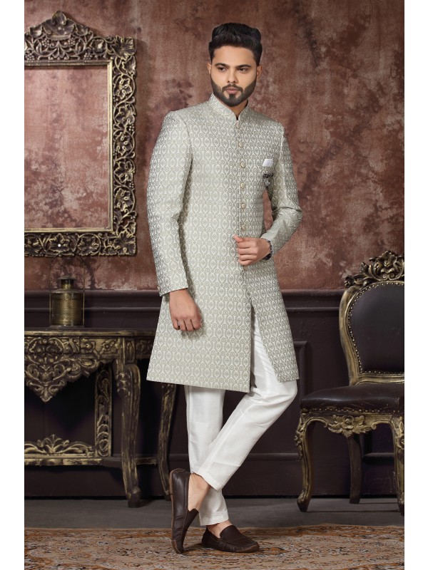 Jacquard Silk IndoWestern Ready Made Dress in Off white  Color 