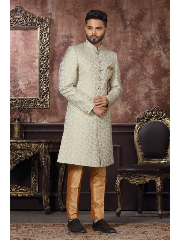 Jacquard Silk IndoWestern Ready Made Dress in Off white  Color 