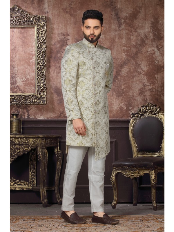 Jacquard Silk IndoWestern Ready Made Dress in Light Pista Green Color 